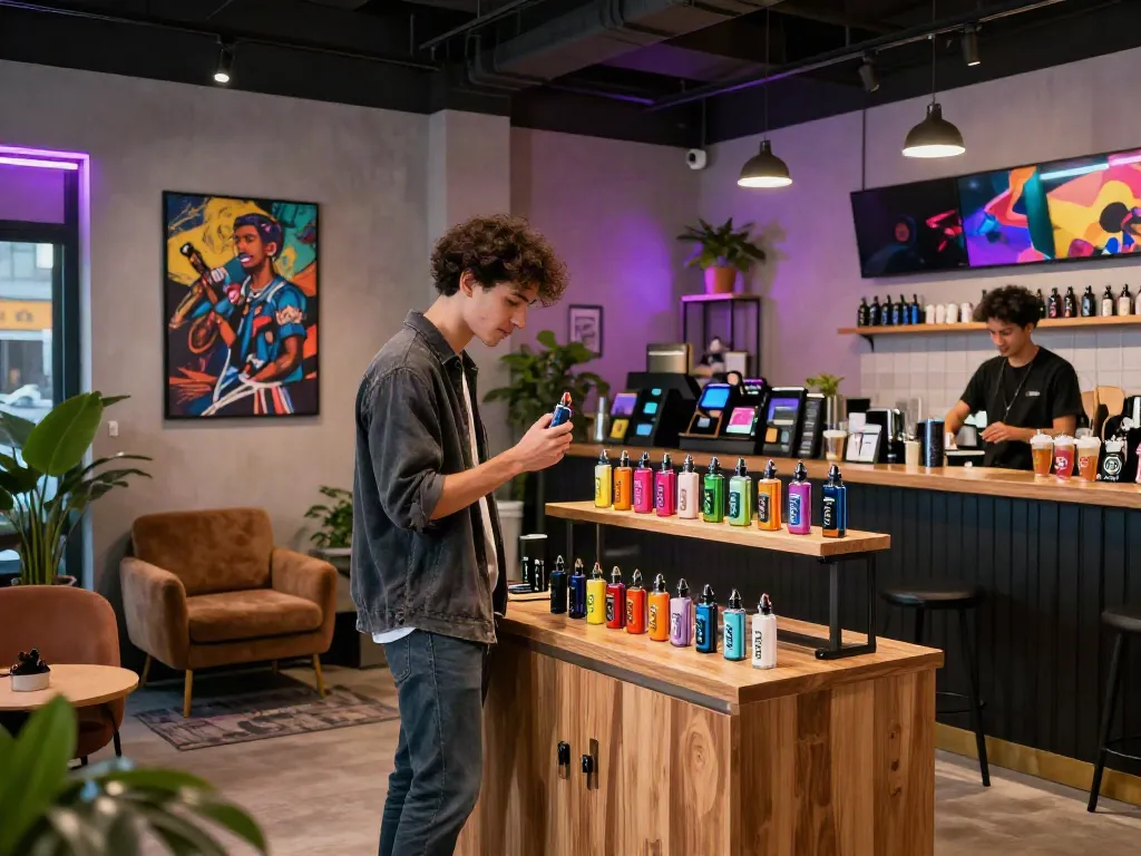 Casual browsing of Flum disposable vapes in a trendy vape shop.