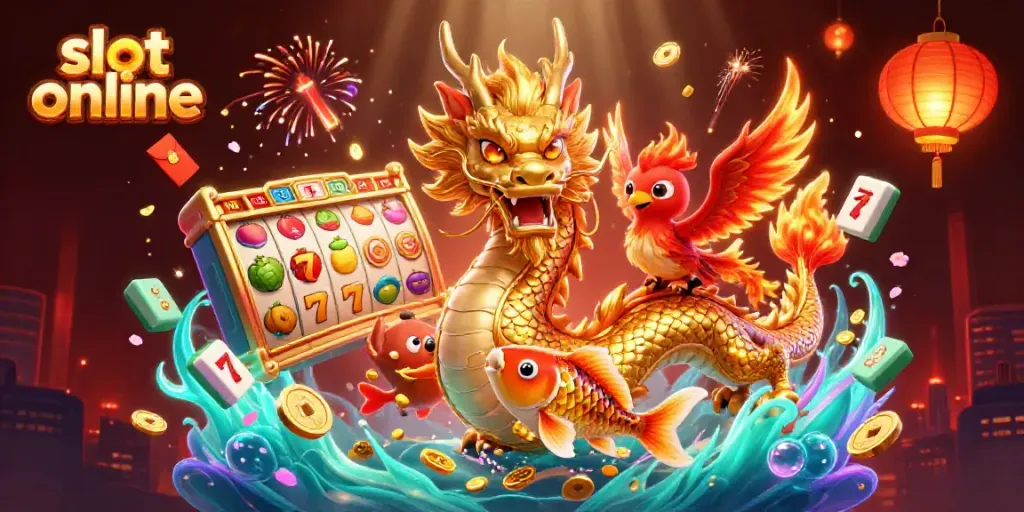 Experience thrilling slot online gaming with a dragon, phoenix, and koi fish amidst vibrant symbols and coins.