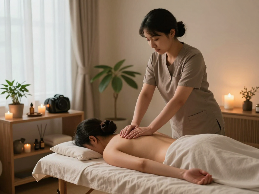 Client enjoying 마포출장마사지 in a serene therapy studio with calming atmosphere.