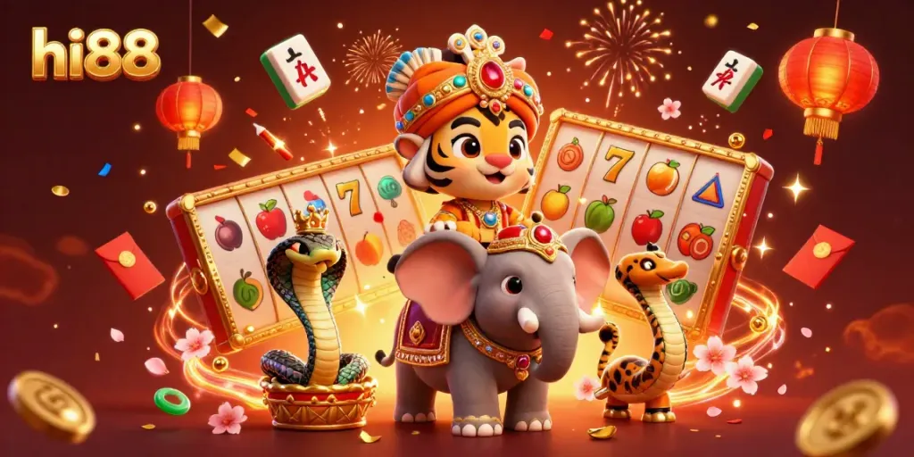 Experience the excitement of hi88 with a colorful 3D casino scene featuring a tiger, an elephant, and vibrant gaming elements.