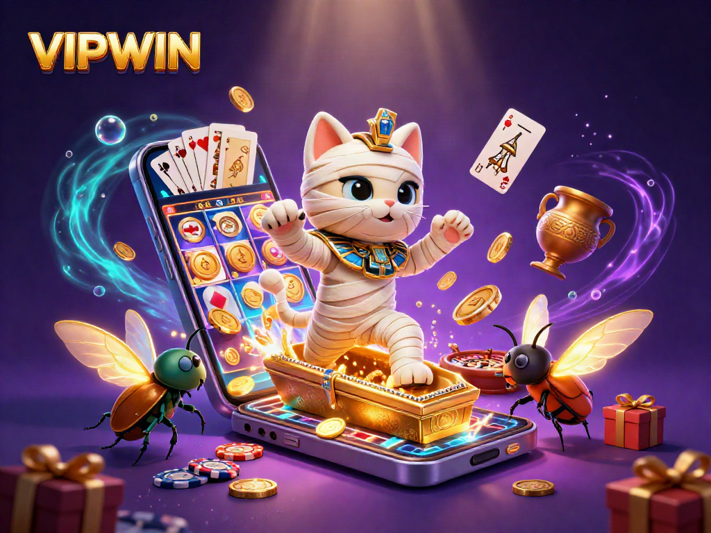 Play slot games and enjoy casino fun with VIPWIN in a vibrant pyramid scene featuring unique characters.