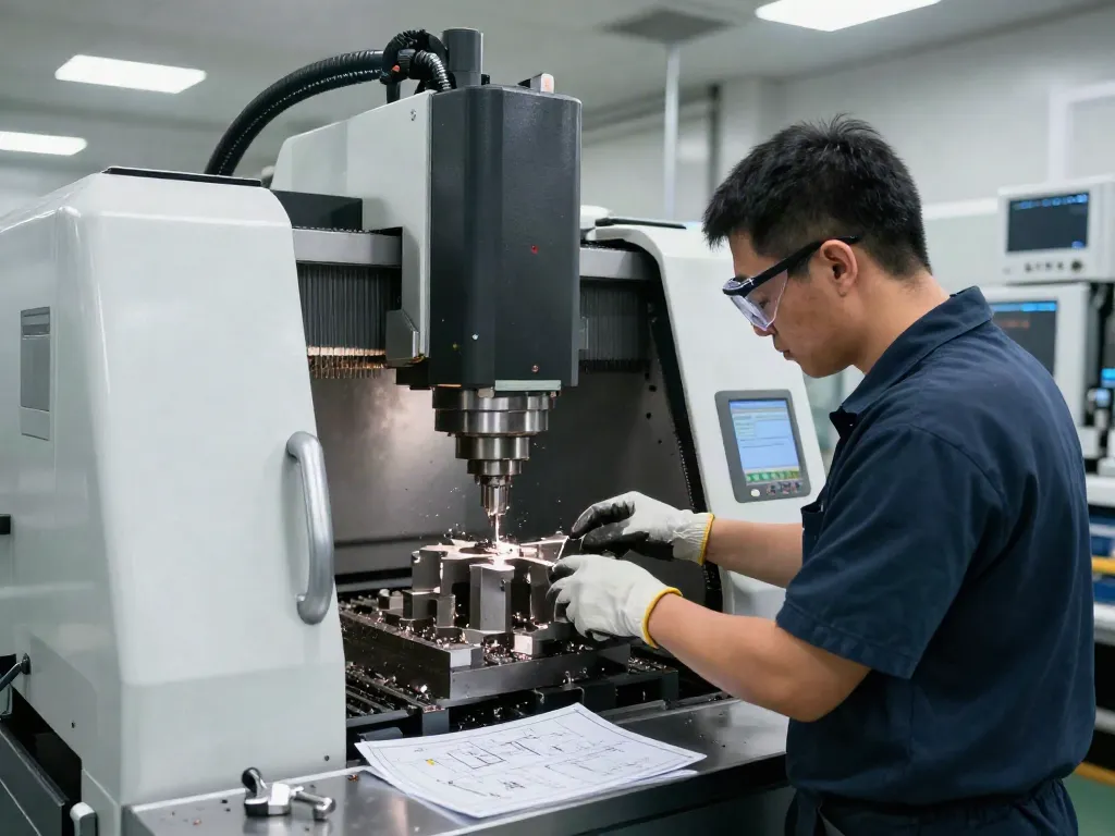 CNC machining parts manufacturer workshop with skilled technician operating machinery for precision parts.