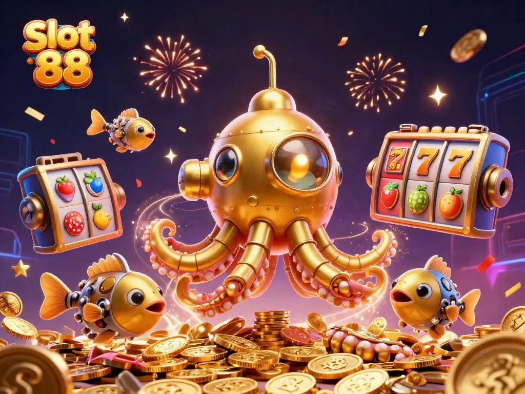 Experience Slot 88 with a golden kraken submarine amidst vibrant casino reels and festive elements.