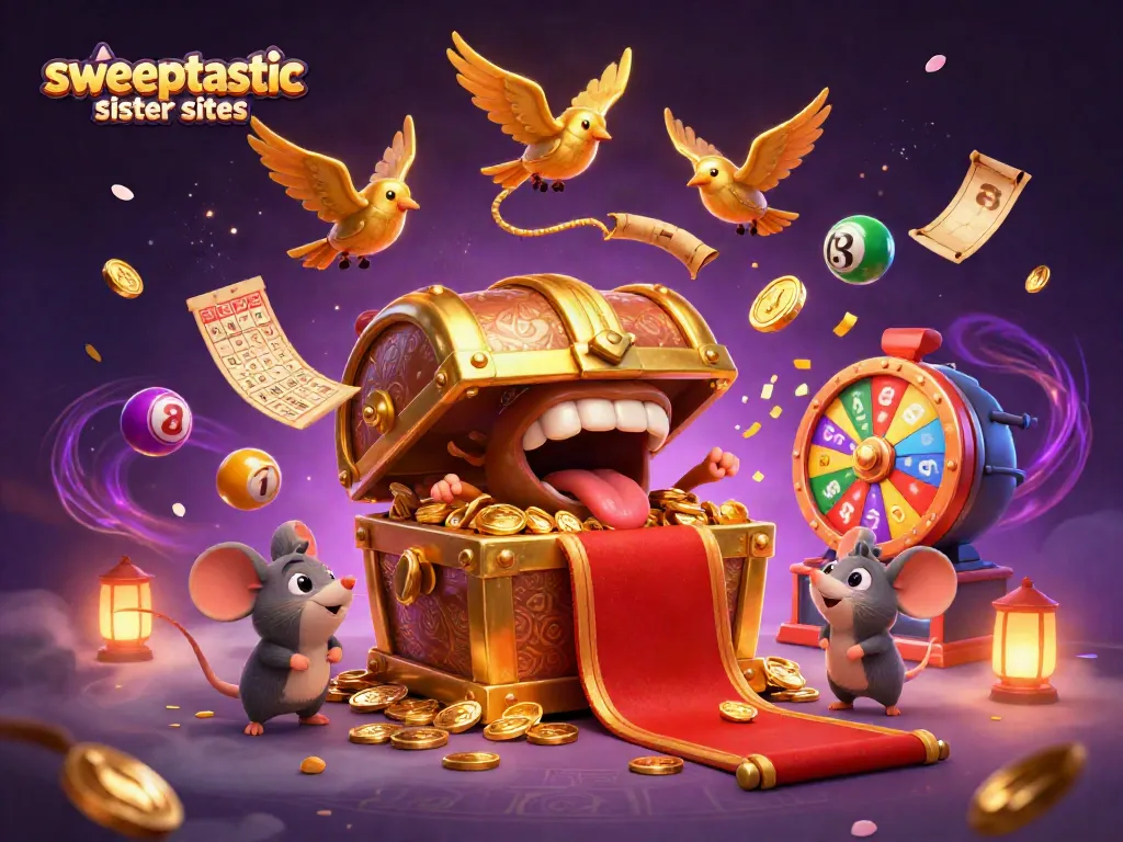 Experience the excitement of sweeptastic sister sites with vibrant lottery-themed elements and adventure.