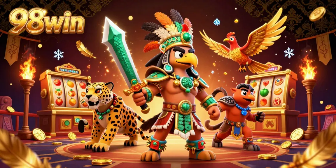 Experience thrilling gameplay at 98win with vibrant Aztec warriors and dazzling casino elements.