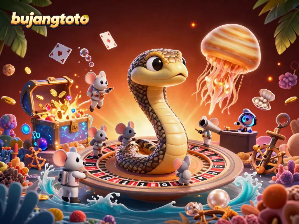 Engage players with bujangtoto's thrilling cosmic game where astronaut mice bet on a roulette ring and a golden jellyfish dealer manages the play.