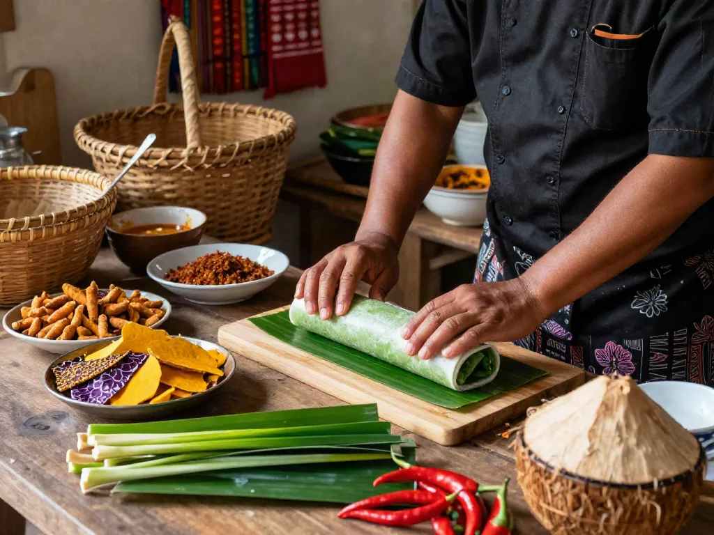 Nyonya4d chef preparing traditional Peranakan dishes in a vibrant kitchen filled with colorful ingredients and warm natural light.