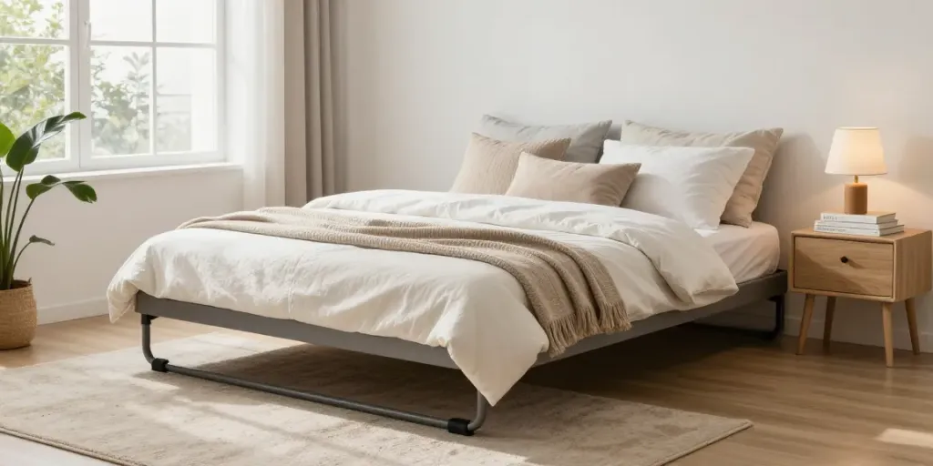 Stylish folding bed in a cozy bedroom with natural light and decor elements.