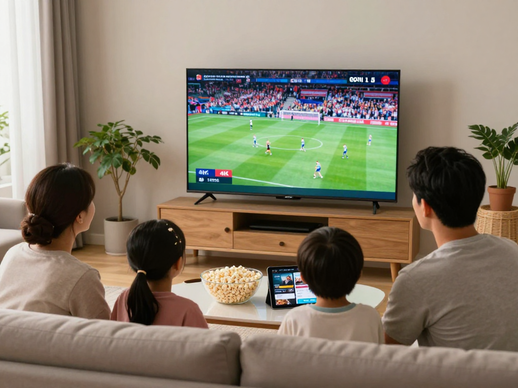 Gezin geniet van de beste IPTV met kristalhelder 4K-beeld in een gezellige woonkamer.