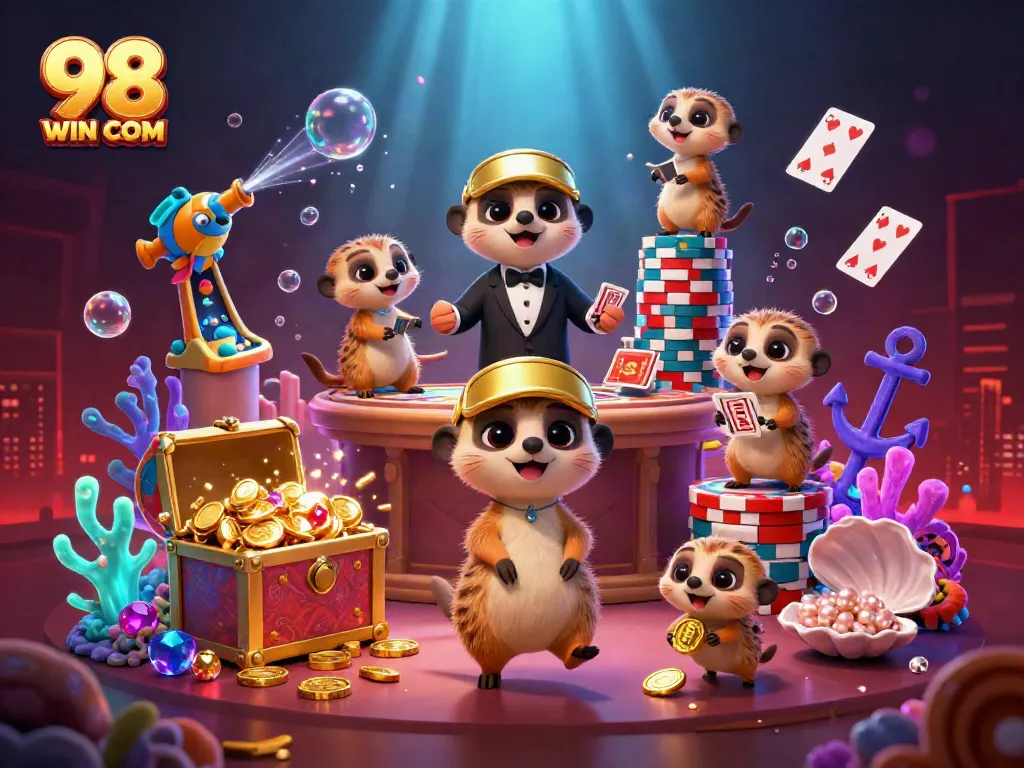 Experience the excitement of the 98 WIN COM casino with an imaginative meerkat casino scene filled with treasures and fun games.