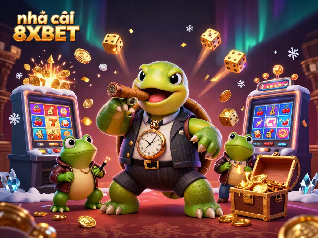 Experience the excitement of nhà cái 8XBET with a vivid casino scene featuring animated characters and gaming elements.